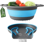 Strainer with Self-Draining Base (5QT) Over-Sink Collapsible Kitchen Colander Set with Side-drain Base for Pasta Vegetables and Fruit, XL Large Capacity, Dishwasher Safe (5-Quart) Blue/Gray