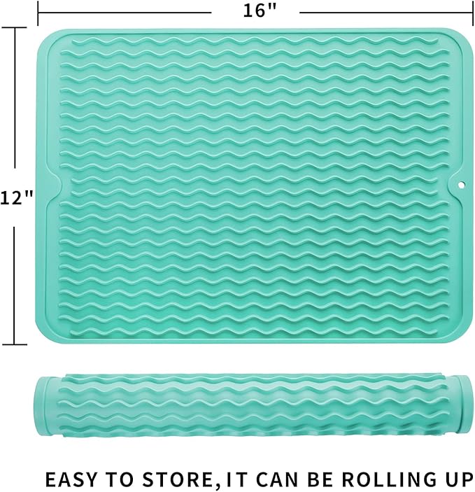 Silicone Dish Drying Mat for Multiple Usage,Easy clean,Eco-friendly,Heat-resistant Silicone Mat for Kitchen Counter or Sink,Refrigerator or drawer liner Mint L 16 inches x 12 inches
