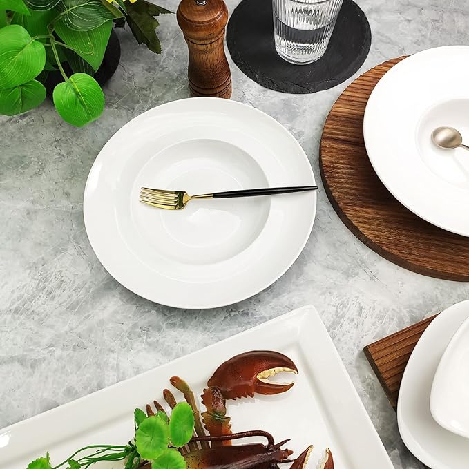 Pasta Plates with Rim 12 oz, Soup Bowl Pasta Bowl Set of 4, White Shallow Bowl Plate, Ceramic Wide Rimmed Soup Bowl, Best choice for high-end restaurants, hotels, and foodies, 11 Inch
