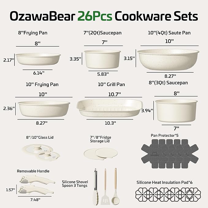 26 Pcs Pots and Pans Set Non Stick, Ceramic Cookware Set Non Toxic with Detachable Handles, Healthy Induction Cookware Oven Safe RV Kitchen Set, PFAS PFOA & PTFE Free, Cream White