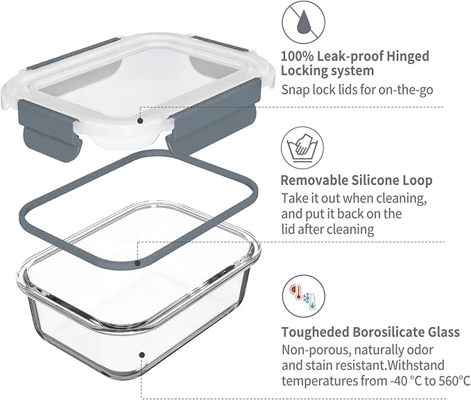 GC glass Food Storage Containers with Lids, Meal Prep Containers, Airtight Lunch Containers Bento Boxes with Snap Locking Lids for Microwave, Oven, Freezer and Dishwasher