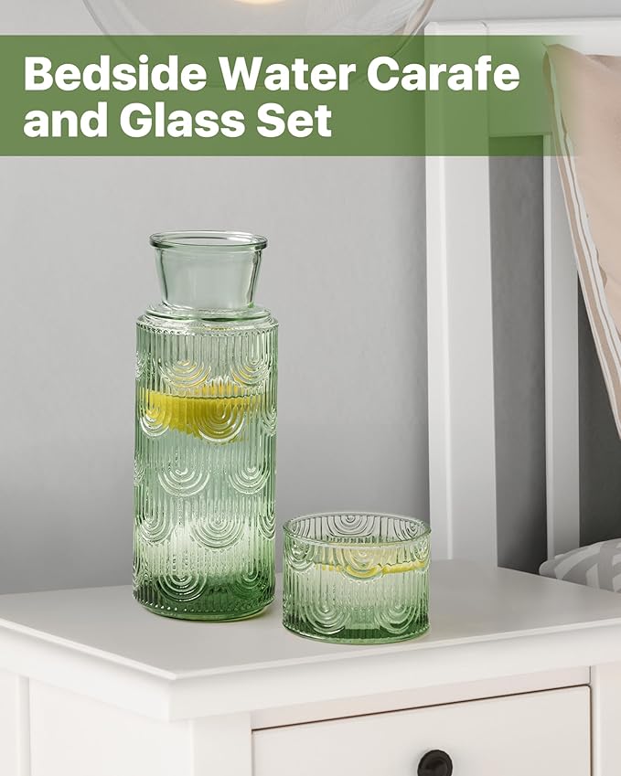 Bedside Water Carafe and Glass Set, Mouthwash Dispenser for Bathroom, 21.6 Oz Glass Water Bottles with 6 Oz Drinking Cup as Lid, Water Pitcher for Nightstand, Kitchen (Green)