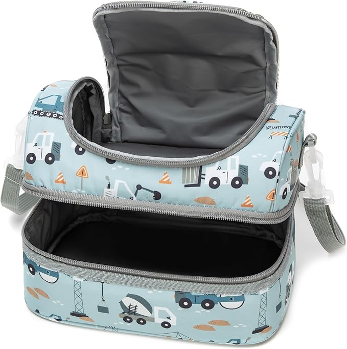 Insulated Kids Dual Compartment Lunch Bags Tote for Girls Boys Toddler Lunch Boxes Pre-School Toddler Kindergarten Picnic Camp Food Cooler Thermal with Strap (Z Light Blue Car)