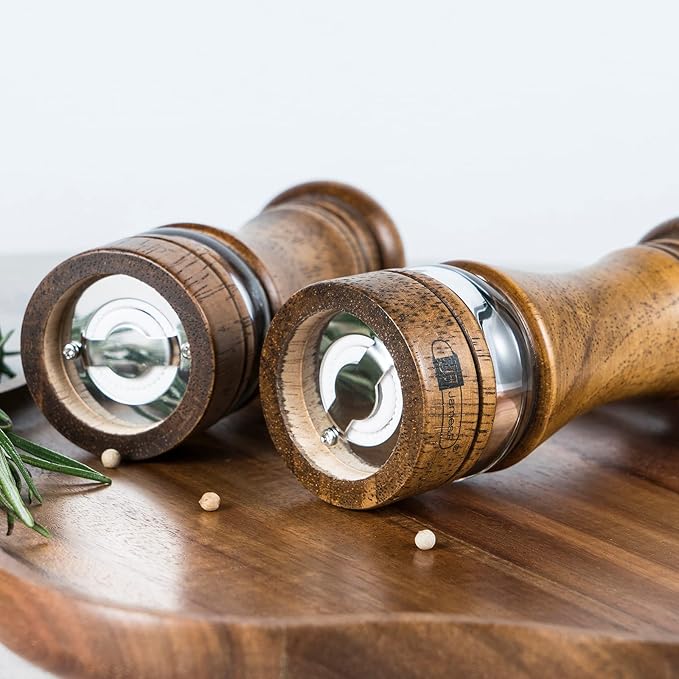 Wooden Salt and Pepper Grinder Set, 6.5 inch Rubber Wood Salt and Pepper Mills Set of 2 with Acrylic Visible Window & Adjustable Ceramic Rotor