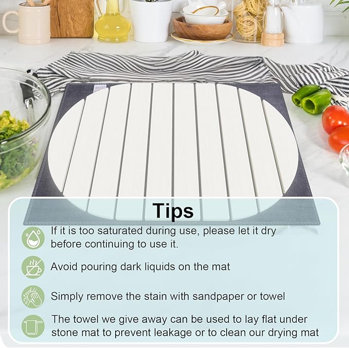Stone Dish Drying Mat for Kitchen Counter,24"(L)×16"(W) Collapsible Fast-Drying Diatomaceous Earth Mats with Towel Sanding Tool,Versatile Stone Drying Mats for Cups Dishes Bottles