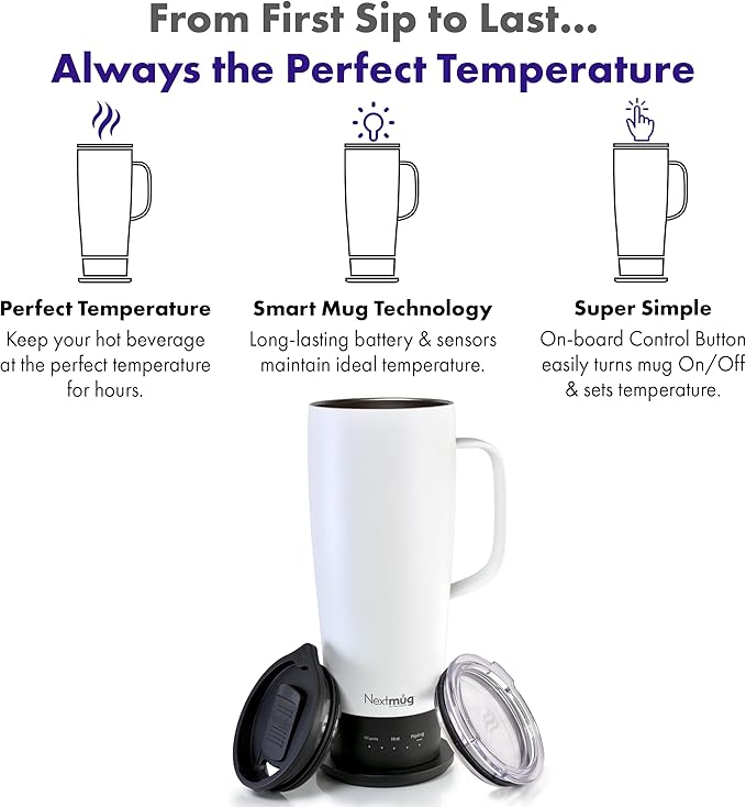 Nextmug Ultra - Temperature-Controlled, Self-Heating Travel Mug (White - 24 oz.)