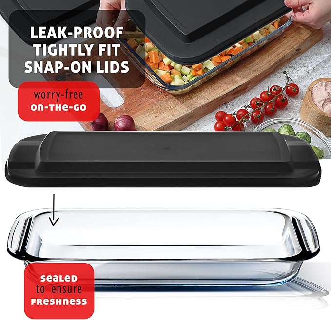 EATEX 16-Piece Deep Glass Casserole Dishes for Oven with Plastic Lids, Glass Baking Dishes for Oven, Rectangular Bakeware for Lasagna, Cooking, Leftovers, Kitchen, Freezer to Oven Dishwasher Safe