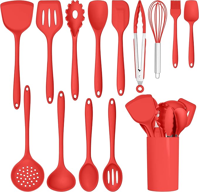 HaWare Kitchen Utensils, 14 PCS Silicone Cooking Utensils Set, Heat Resistant Kitchen Utensils for Non-stick Cookware, Kitchen Gadgets Tools with Spoons, Spatulas, Whisk, Dishwasher Safe (Red)