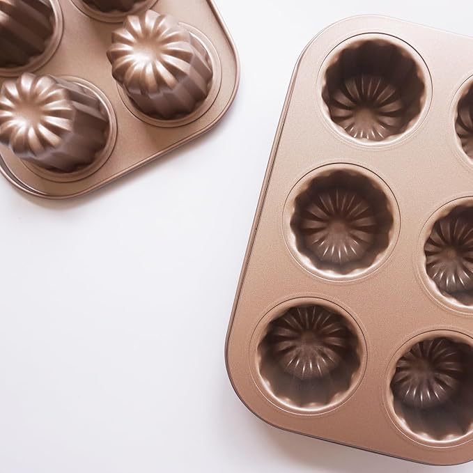 Canele Molds 6-Cavity Nonstick, Mini Canele Mold Cake Pan, Carbon Steel Canelle Pastry Molds, Washable Muffin Cupcake Pans for Oven Baking - Gold