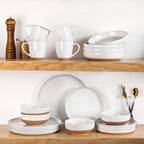 AmorArc Ceramic Dinnerware Sets for 8, 24 Pieces Handpainted Plates and Bowls Set with Rustic Terracotta Underside, Scratch Resistant Stoneware Dishes Set, Dishwasher & Microwave Safe, White