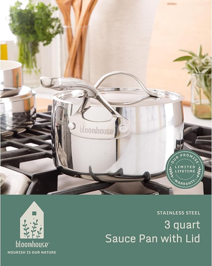Bloomhouse - Two Time Oprah's Favorite Things Winner - 3-Quart Tri-Ply Stainless Steel Saucepan – Non-Stick, Non-Toxic Pro Ceramic Interior, Durable Cooking Pot for Sauces and Simmering