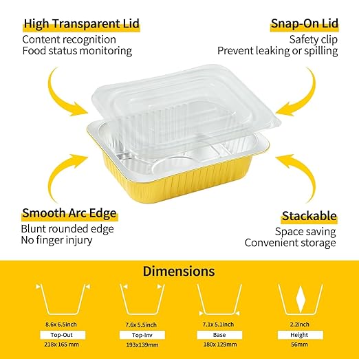 40 Pack 3 LB Aluminum Foil Pans with Lids Heavy Duty, 48 Ounce 8.7"×6.6"×2.4" Aluminum Food Containers with Lids, Disposable Tin Foil Pans for Baking, Meal Prep, Freezer, Heating and Takeout