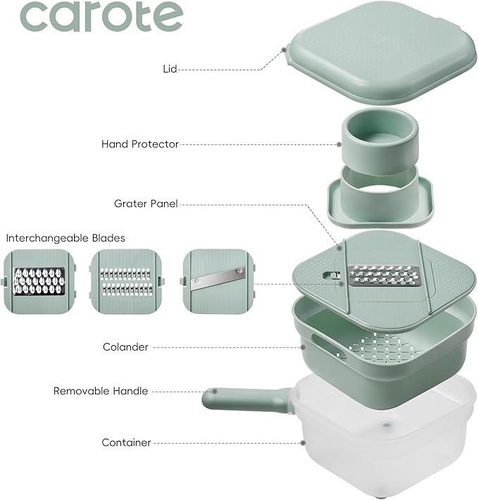 Carote Cheese Grater with Container, Kitchen Vegetable Mandoline Slicer Shredder with Interchangeable Blades, BPA-Free Container with Removable Handle, Grater for Onion, Fruit, Vegetables, Sage Green