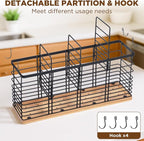 510 Ft³ Metal Extra Large Kitchen Utensil Holder with Wooden Base, 4 Compartments Organizer for Kitchen Countertop Matte Black Holder with 4 Hooks for Cooking Utensils & Tools Storage