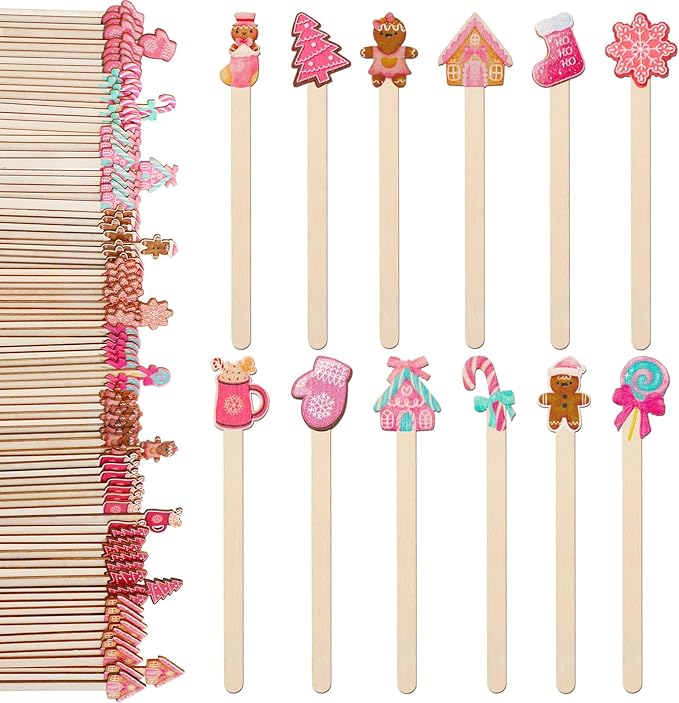 Jinei 120 Pcs Christmas Gingerbread Coffee Stir Sticks Natural Wooden Disposable Drink Stirrers for Hot Chocolate Milkshake Cocktail Restaurant Home Office