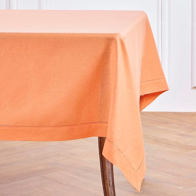 Solino Home Linen Tablecloth 60 x 144 Inch - Classic Hemstitch 100% Pure Linen Coral Table Cloth for Rectangle Tables - Machine Washable Tablecloth for Summer