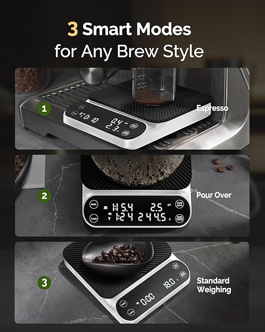 Maestri House S3 Coffee Scale with Timer, 3kg/0.1g Rechargeable Digital Scale, 3 Brew Modes, Adjustable Ratios & Flow Rate Display, Barista-Grade for Pour-Over, Espresso, French Press –White