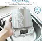 BOMATA Waterproof IPX6 Kitchen Scale, 0.1 g/0.01 oz High Precision, 5 kg/11 lbs, Digital Scale with Backlight, Stainless Steel Weighing Platform, for Food, Cooking, Baking, Weight Loss.. B619, White