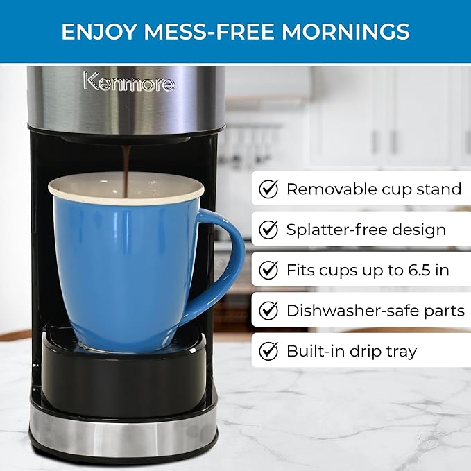 Koolatron Kenmore Single Serve Coffee Maker & Stainless Steel Travel Mug, Capsule/Pod & Ground Coffee Brewing, K Cup Compatible, Hot & Iced Coffee Machine, 6 to 14 Oz Brew Sizes, Auto Shut-Off, Black