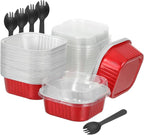 HARFINGTON 40Pack 10oz Disposable Mini Cake Pans with Lids and Spoons Red Aluminum Foil Square Baking Cupcake Dessert Cups Tin for Birthday Party