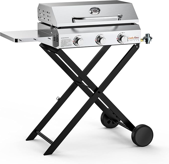 Portable Propane Gas Griddle 3-Burner with Foldable Cart & Side Table, Flat Top Gas Grill Griddle Stove with Lid, for Outdoor Cooking Patio Backyard Camping RV Tailgating Beach, GS310