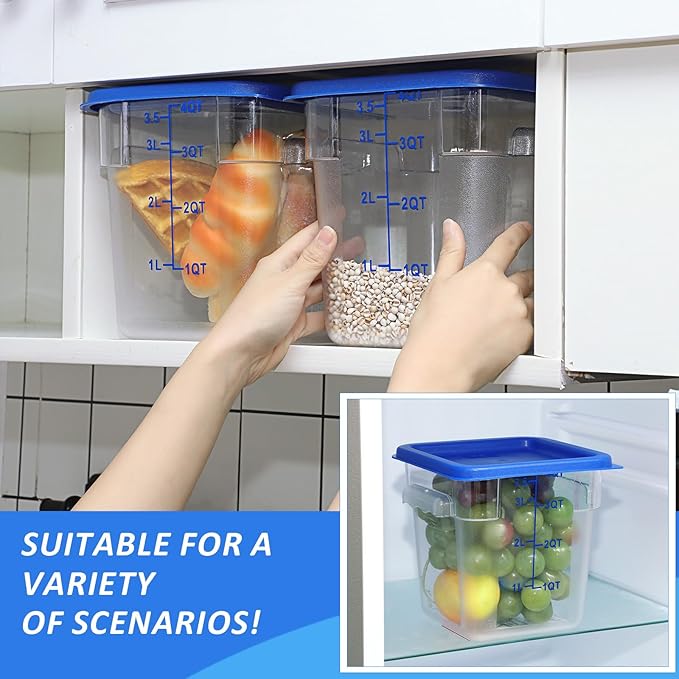 Yungyan 12 Pcs 4 Qt Commercial Food Storage Containers with Lids Restaurant Square Airtight Food Storage Containers Clear Cereal Containers for Kitchen Freezer Dishwasher Pantry(Blue Lid)
