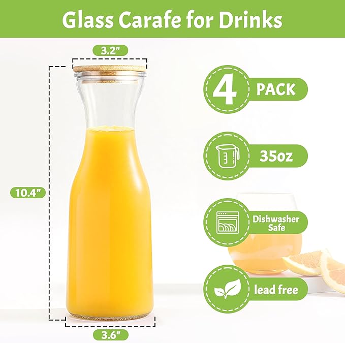 Set of 4 Circular Glass Carafe, 1 Liter Beverage Serveware Carafe with Bamboo Lid, Water Bottles, Clear Glass Pitchers for Mimosa Bar, Milk, Juice, Lemonade(4 Bottles)