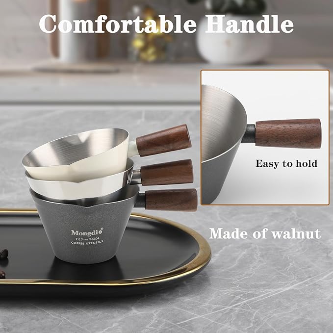 Mongdio Espresso Measuring Cup, Stainless Steel Espresso Shot Cups with Wooden Handle and Double Spouts, 3.4OZ/100ML, White