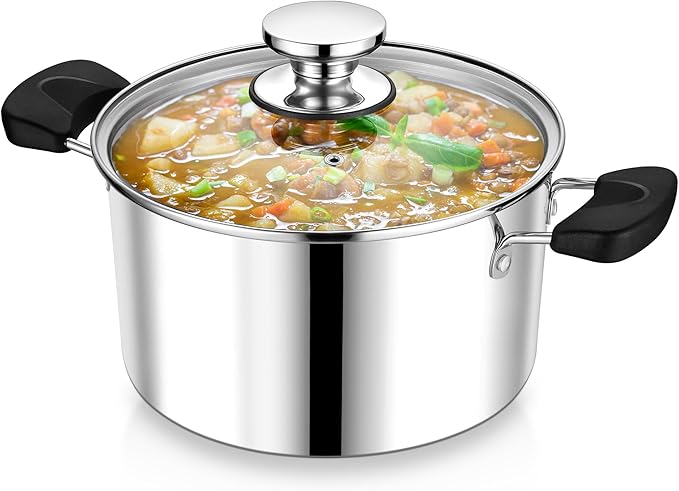 5 Quart 3-Ply Cooking Stock Pot with Lid, P&P CHEF Stainless Steel Large Pot for Pasta Soup, Work on Multi Stove, Heavy Duty & Dishwasher Safe, Dual Heat-resistant Handles & Visible Lid