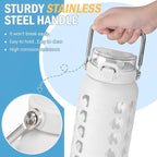 MUKOKO 64oz Glass Water Bottles with Straw and Lid,Half Gallon Water Bottle with Time Marker,Large Glass Water Jug with Silicone Sleeve and Stainless Steel Handle-White