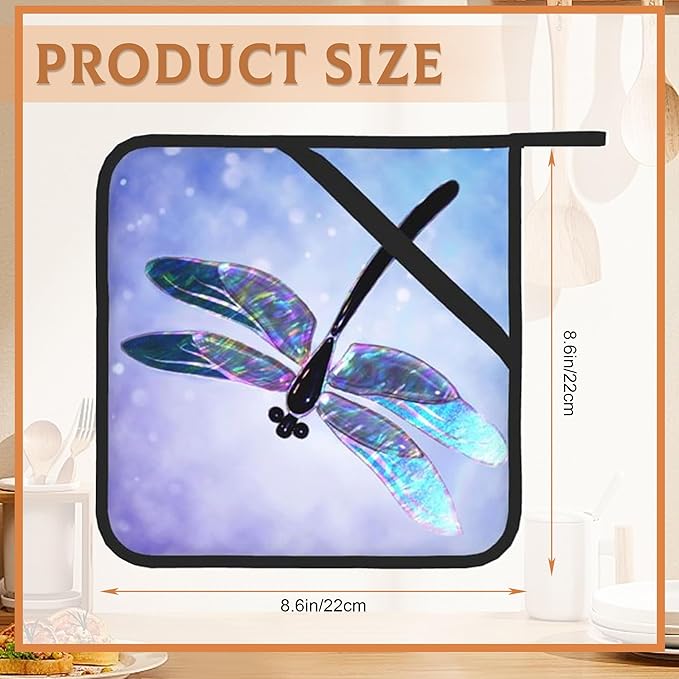 2PCS Dragonfly Pot Holder with Loop,Fantasy Dragonfly Heat Resistant Oven Pads, Hot Pat for Kitchen Cooking Baking Food