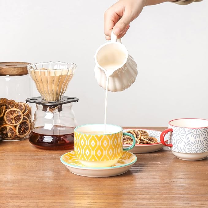 Selamica Ceramic Cappuccino Cups with Saucers and Metal Stand, 8 OZ Stackable Espresso Coffee Cups for Coffee, Latte, Americano, Tea, Set of 4, Assorted Colors