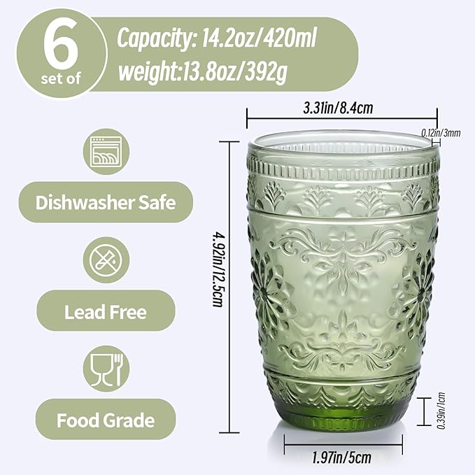6Pcs 14OZ Drinking Glasses, Green Drinking Glasses, Colored Glassware Drinking, Highball Beverage Glasses Cup, Vintage Glassware Set for Water, Juice, Cocktail, Coffee