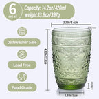 6Pcs 14OZ Drinking Glasses, Green Drinking Glasses, Colored Glassware Drinking, Highball Beverage Glasses Cup, Vintage Glassware Set for Water, Juice, Cocktail, Coffee