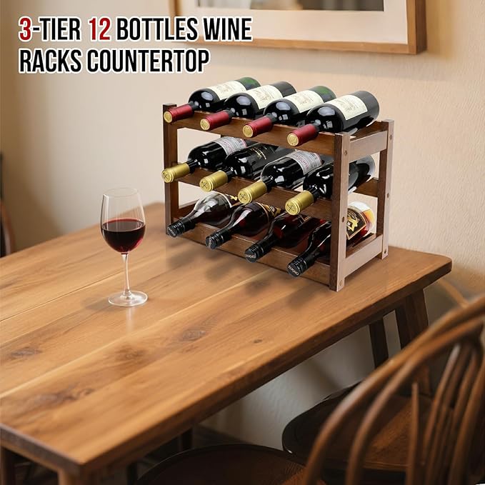 Bamboo Wine Rack, 3-Tier 12 Bottles Wine Storage Cabinet Shelf, Easy-Assembly Freestanding Bamboo Wine Racks Countertop for Kitchen Pantry Dining Room Bar, Walnut