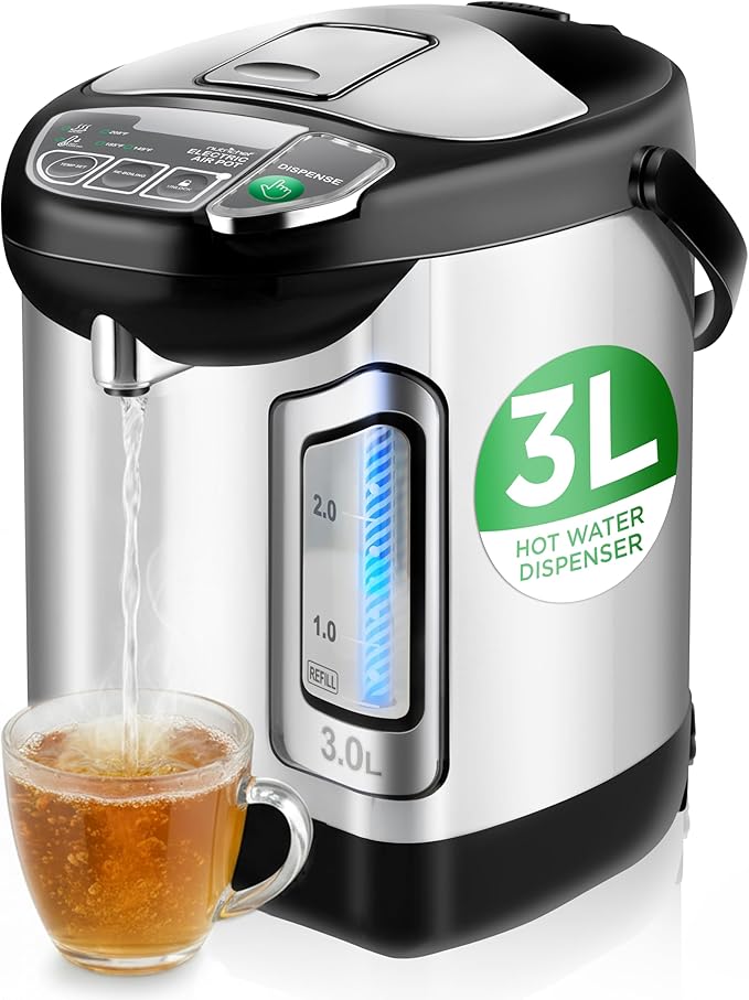NutriChef Electric Water Boiler and Warmer - 3L/3.17 Qt Stainless Steel Electric Hot Water Dispenser w/Rotating Base, Auto Shut Off, Safety Lock, Instant Heating for Coffee & Tea (NCHUB13)