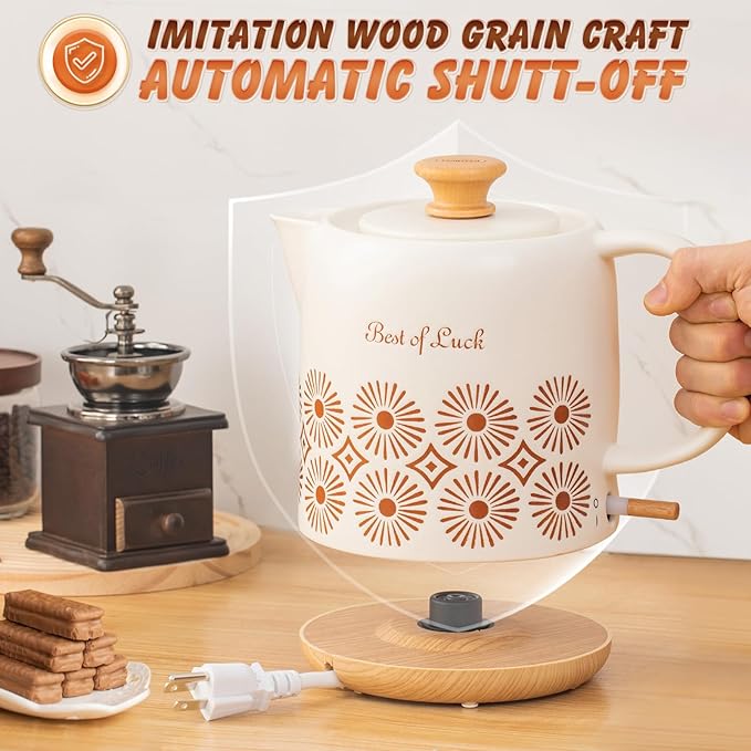 Ceramic Electric Kettle 1 Quarts, Automatic Shut Off, Porcelain Teapot, Hot Water Electric Boiler with LED Light, Boil Dry Protection, Short Spout 1000W Rapid Boiling Water for Tea Coffee