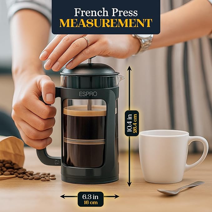 ESPRO P3 French Press Coffee Maker – Patented Double Micro-Filter for Grit-Free Brew, Heat Resistant thicker Borosilicate Glass Coffee press – (32 oz)