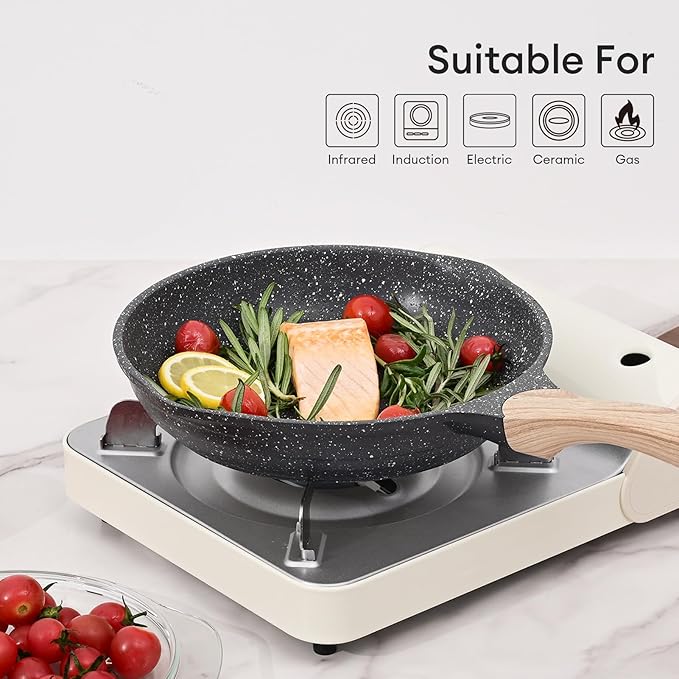 JEETEE Nonstick Frying Pans Set with Lid, Skillets Set 6 Pcs, 8" 9.5" 11" Granite Non-Stick Frying pan, Cookware Set with Bakelite Handle, Suitable All Stovetops (Gas, Electric & Induction), Grey
