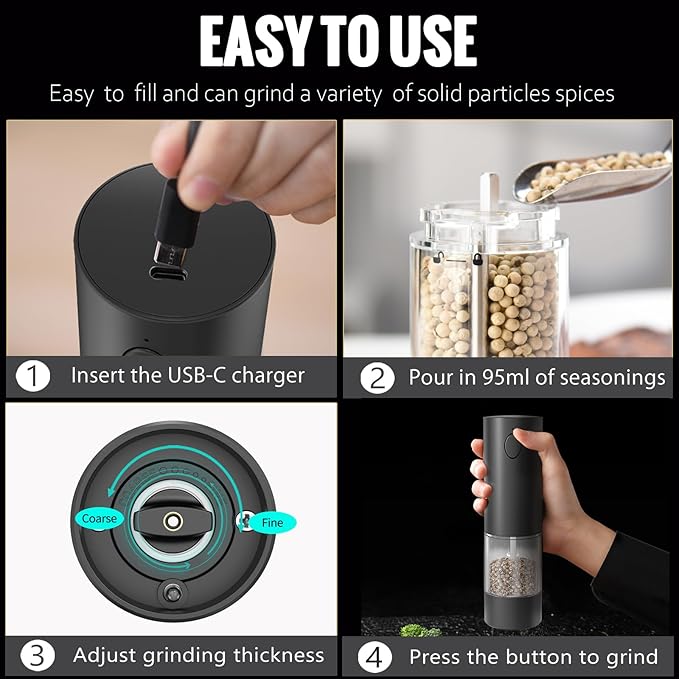 Electric Salt and Pepper Grinder Set, Rechargeable Automatic Salt and Pepper Grinder Set, One Hand Operation with LED Light, Adjustable Coarseness, Refillable, 95ml, Black (2 Pack)