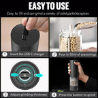 Electric Salt and Pepper Grinder Set, Rechargeable Automatic Salt and Pepper Grinder Set, One Hand Operation with LED Light, Adjustable Coarseness, Refillable, 95ml, Black (2 Pack)