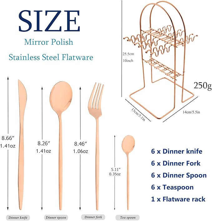 24-Piece Mirror Rose Gold Cutlery Set, Snplowum Stainless Steel Flatware Hanging Tableware Silverware Set Include Knife/Fork/Spoon/Teaspoon and Storage Rack For Daily Use, Service For 6