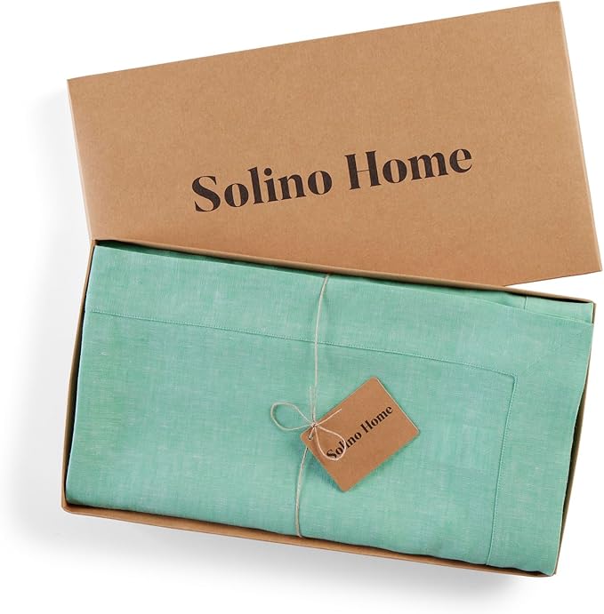 Solino Home Linen Tablecloth 60 x 120 Inch - 100% Pure Linen Chambray Aqua Table Cloth for Rectangle Tables - Athena, Machine Washable Tablecloth for Summer