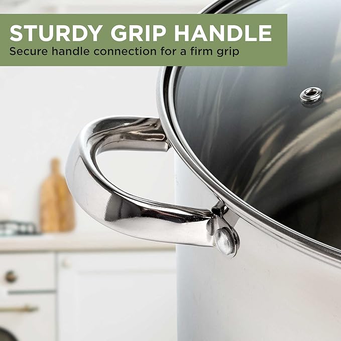 Ecolution Pure Intentions Stock Pot - Features Tempered Glass Lid, Keep Cool Handle, and Encapsulated Bottom - Oven Safe - Curbside Recyclable Stainless Steel - 16 Quarts