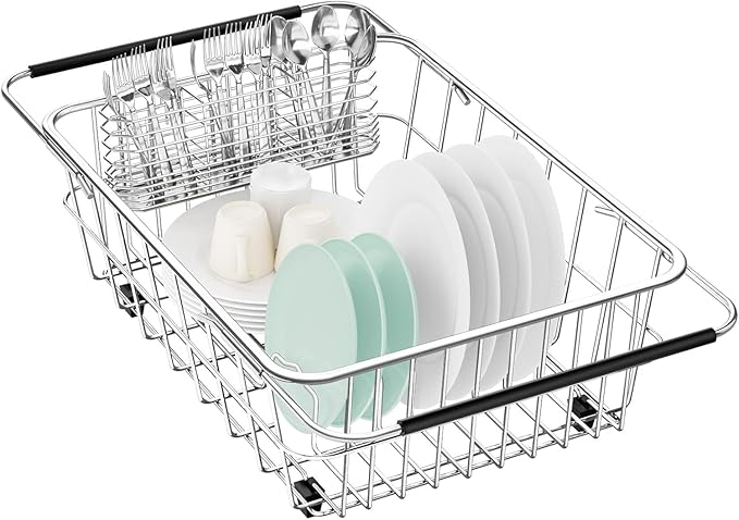 Large Dish Drainer Rack in Sink Adjustable, Expandable 304 Stainless Steel Metal Dish Drying Rack Organizer with Stainless Steel Utensil Holder Over Inside Sink Counter, Rustproof
