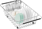 Large Dish Drainer Rack in Sink Adjustable, Expandable 304 Stainless Steel Metal Dish Drying Rack Organizer with Stainless Steel Utensil Holder Over Inside Sink Counter, Rustproof