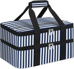 Double Insulated Casserole Carrier, Portable Casserole Carrier for Hot or Cold Food Lunch Tote Warmer or Cooler Bag, Lasagna Lunch Bag for Potluck Parties- Fits 9" x 13" Baking Dish-Blue Stripes