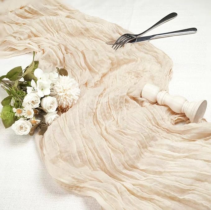 12 Pcs Beige Cheesecloth Table Runner 13ft Boho Gauze Cheesecloth Table Runner 160 inch Long for Christmas Wedding Bridal Baby Shower Birthday Table Decorations
