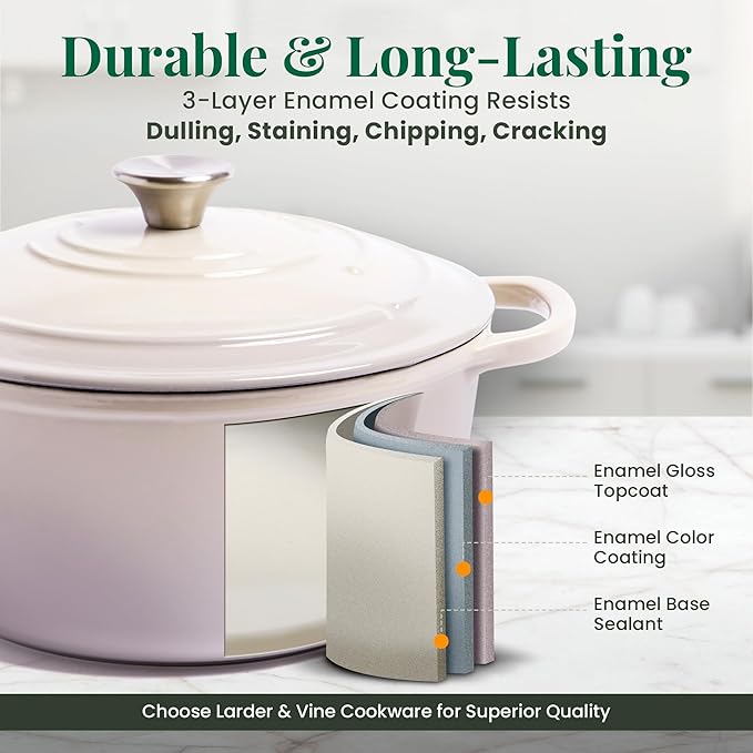 Larder & Vine Enameled Cast Iron 5.7 qt Dutch Oven Pot with Lid | Dutch Oven | Compatible on All Cooktops & Oven Safe to 500° F | Great for Sourdough Bread | Stone
