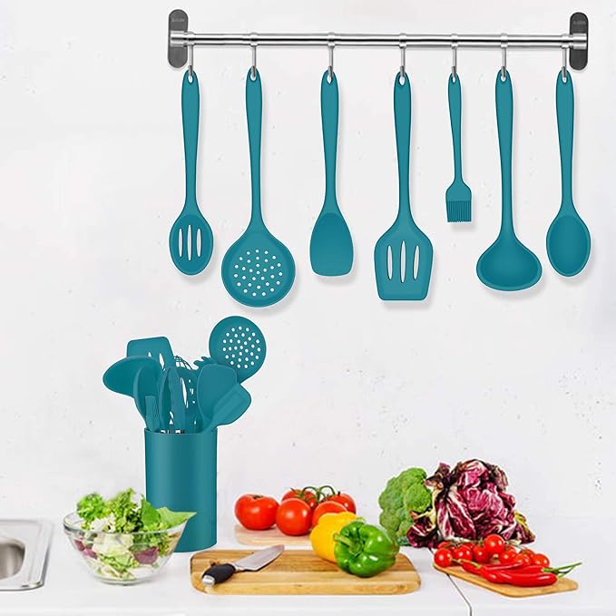 LIANYU 12-Piece Silicone Kitchen Cooking Utensils Set with Holder, Kitchen Tools Include Slotted Spatula Spoon Turner Ladle Tong Whisk, Dishwasher Safe, Dark Blue